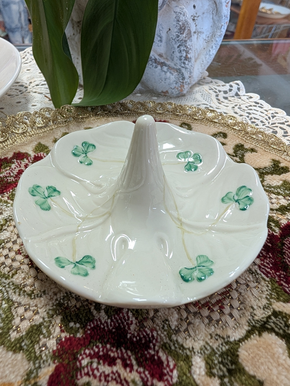 Vintage Belleek Pottery Ring Holder Shamrock Hand Painted White with Green